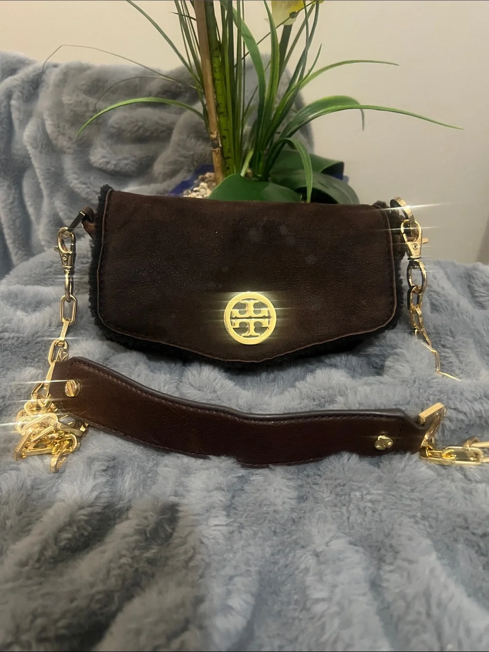 Tory Burch Dark Brown Suede and Shearing Mini Shoulder Bag with Gold Logo GUC